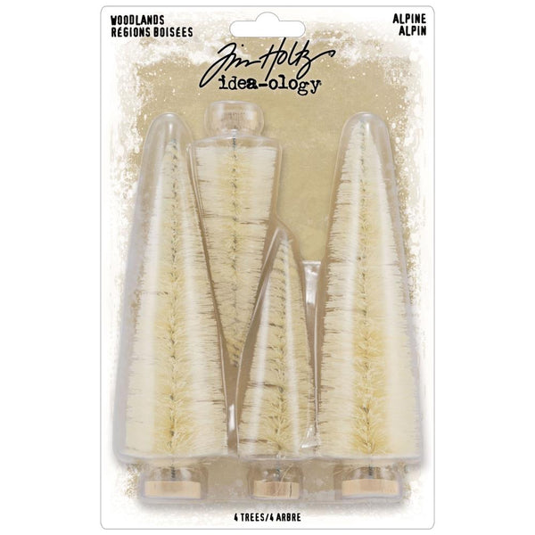 Alpine - Woodland Trees ... by Tim Holtz Idea-Ology ... natural bristle pine trees for use as decorations, displays and ornaments, mixed media, papercraft, and visual crafts. 4 (four) trees in 2 sizes, 2 of each size (5 inch tall and 3 1/2 inch tall). 