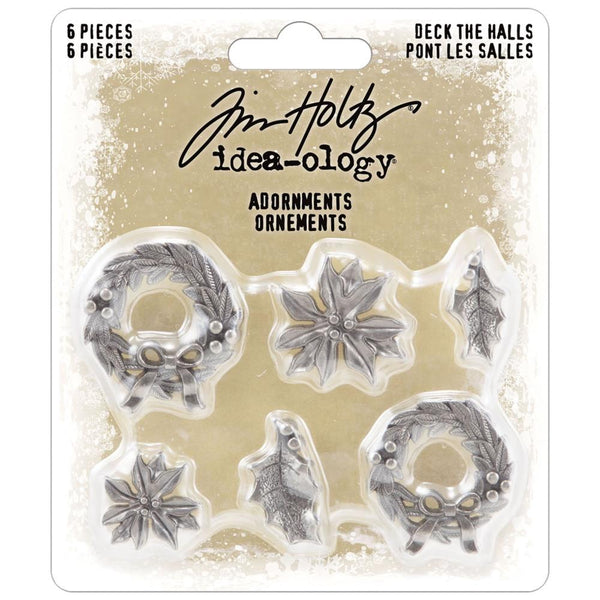 Deck the Halls - with holly, poinsettia flower and a Christmas Wreath ... Idea-Ology Adornments by Tim Holtz - Exquisitely detailed silver coloured metal flat-backed charms for use in mixed media, visual arts, papercrafts. Pack of 6 (six), 2 of each design.   Christmas Wreath is a miniature metal wreaths with intricate leaves, bows and berries. Poinsettia flower (2 sizes, one of each) has beautiful delicate petals. Holly Leaf (2 sizes, one of each) is a wonderfully detailed seasonal leaf.