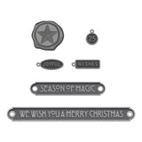 Christmas Word Plaques and Tags ... Idea-Ology Adornments by Tim Holtz - Exquisitely detailed silver coloured metal flat backed charms for use in mixed media, visual arts, papercrafts. Pack of 6 (six), one of each in various sizes and styles.    This pack of word plaques, banners, tags and a wax seal are perfect for home decor, decorations, parcel wrapping, greeting card making, junk journals. Each piece is finished in an antique silver coloured metal with flat backs.