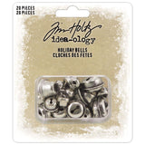 Holiday Bells (silver bells) ... Idea-Ology Adornments by Tim Holtz - Exquisitely detailed silver coloured metal jingly jangly pretty sounding charms for use in mixed media, visual arts, papercrafts. Pack of 20 (twenty) metal bells, various sizes and styles from tiny 6mm wide to large 17mm wide bells. 
