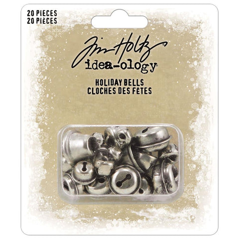 Holiday Bells (silver bells) ... Idea-Ology Adornments by Tim Holtz - Exquisitely detailed silver coloured metal jingly jangly pretty sounding charms for use in mixed media, visual arts, papercrafts. Pack of 20 (twenty) metal bells, various sizes and styles from tiny 6mm wide to large 17mm wide bells. 
