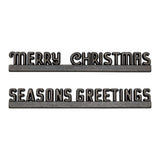 Christmas Marquee ... Idea-Ology Adornments by Tim Holtz - Exquisitely detailed silver coloured metal word banners for use in mixed media, visual arts, papercrafts. Pack of 2 (two), one of each phrase (Merry Christmas, Seasons Greetings), each 4 1/2" long. Each piece is finished in an antique silver coloured metal, in a stylish uppercase typeface.