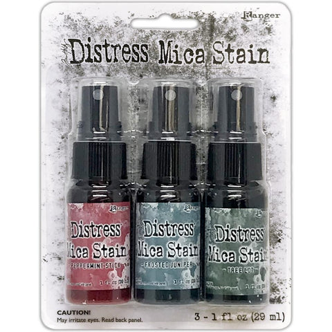 Distress Mica Stain Spray - Christmas set 1 ... by Tim Holtz... Limited Edition, seasonal colours of pearlescent shimmery pigment ink fusion in a sprayer bottle, each holding 29ml (1oz). This pack has 3 (three) colours (one of each) - Peppermint Stick, Frosted Juniper, Tree Lot.   Tim Holtz Distress Mica Stains in these seasonal colours add beautiful pearlescent colourful layers to your artwork. 