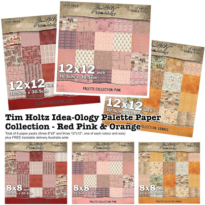 Idea-Ology Palette Paper is full of beautiful designs from the Tim Holtz Palette Fabric collection, magically created into printed cardstock for all of us to use for artying and craftying, admiring, saving, tearing up, diecutting, altering with paints or inks, cutting up for cards, junk journals, artbooks, ATCs, all kinds of visual papercraft arts. Image of all 3 colour packs in both sizes, 8x8 and 12x12 inch.
