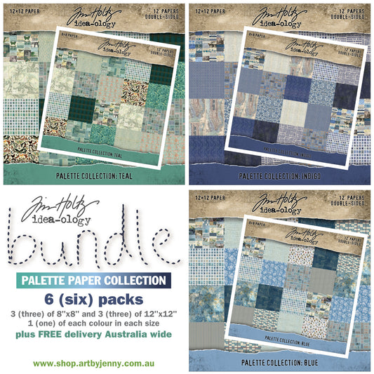 Tim Holtz Idea-Ology Paper Palette Collection printed with nostalgic patterns and vintage imagery, double sided, smooth matte finish, for journling, scrapbooking, cardmaking, papercraft creative arts.