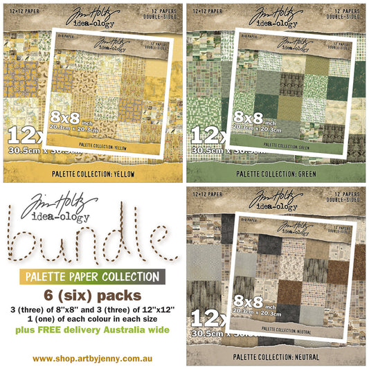 Yellow, Green, Neutral Bundle - Tim Holtz Idea-Ology Palette Paper Collection ... printed with nostalgic patterns and vintage imagery, double sided, smooth matte finish, 1 (one) of each colour in each size. Total of 6 paper packs (three 8"x8" and three 12"x12", one of each colour in each size) plus FREE trackable delivery Australia wide.
