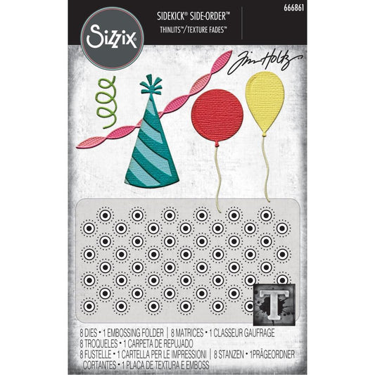 Celebrate - Sidekick SideOrder Set ... by Tim Holtz, made by Sizzix - Thinlits Die Cutting Templates and Texture Fades Embossing Folder for use in mixed media, planners, journaling, cardmaking, scrapbooking and papercrafts (no.666861). Set includes 8 (eight) dies, 1 embossing folder. Add these wonderful and versatile designs of party hat, streamers and balloons along with layers of 3D sparkly spots to your art.