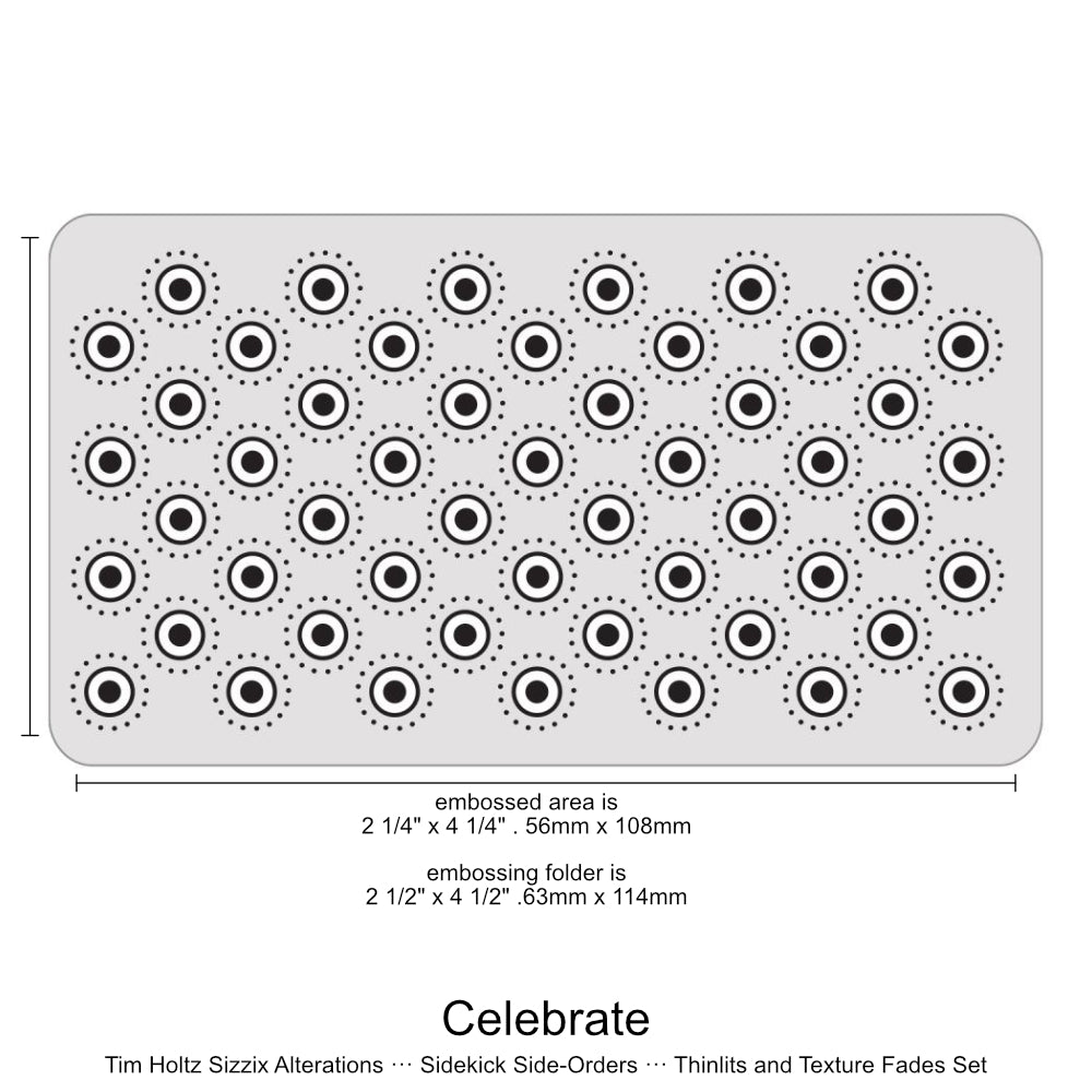 Celebrate - Sidekick SideOrder Set ... by Tim Holtz, made by Sizzix - Thinlits Die Cutting Templates and Texture Fades Embossing Folder for use in mixed media, planners, journaling, cardmaking, scrapbooking and papercrafts (no.666861). Set includes 8 (eight) dies, 1 embossing folder. Add these wonderful and versatile designs of party hat, streamers and balloons along with layers of 3D sparkly spots to your art. The folder.