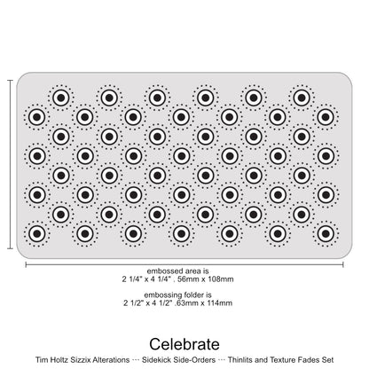 Celebrate - Sidekick SideOrder Set ... by Tim Holtz, made by Sizzix - Thinlits Die Cutting Templates and Texture Fades Embossing Folder for use in mixed media, planners, journaling, cardmaking, scrapbooking and papercrafts (no.666861). Set includes 8 (eight) dies, 1 embossing folder. Add these wonderful and versatile designs of party hat, streamers and balloons along with layers of 3D sparkly spots to your art. The folder.