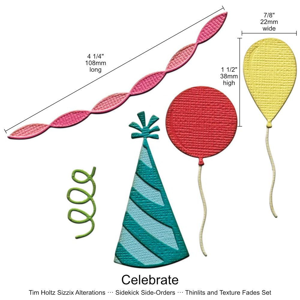 Celebrate - Sidekick SideOrder Set ... by Tim Holtz, made by Sizzix - Thinlits Die Cutting Templates and Texture Fades Embossing Folder for use in mixed media, planners, journaling, cardmaking, scrapbooking and papercrafts (no.666861). Set includes 8 (eight) dies, 1 embossing folder. Add these wonderful and versatile designs of party hat, streamers and balloons along with layers of 3D sparkly spots to your art. Sizes of the layered pieces.
