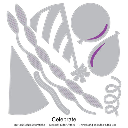 Celebrate - Sidekick SideOrder Set ... by Tim Holtz, made by Sizzix - Thinlits Die Cutting Templates and Texture Fades Embossing Folder for use in mixed media, planners, journaling, cardmaking, scrapbooking and papercrafts (no.666861). Set includes 8 (eight) dies, 1 embossing folder. Add these wonderful and versatile designs of party hat, streamers and balloons along with layers of 3D sparkly spots to your art. Templates.
