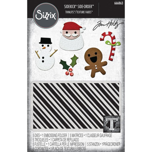 Christmas Minis - Sidekick SideOrder Set ... by Tim Holtz, made by Sizzix - Thinlits Die Cutting Templates and Texture Fades Embossing Folder for use in mixed media, planners, journaling, cardmaking, scrapbooking and papercrafts (no.666863). Set includes 5 (five) dies, 1 embossing folder. Add these wonderful and versatile designs of Santa's face, snowman, holly with berries, smiley gingerbread man and candycane to your artwork.