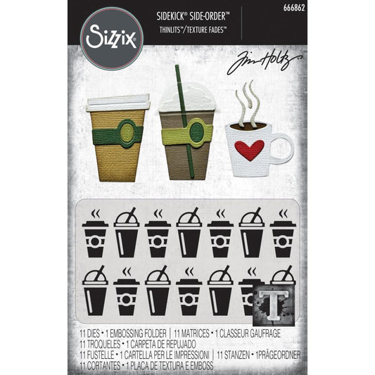 Fresh Brewed - Sidekick SideOrder Set ... by Tim Holtz, made by Sizzix - Thinlits Die Cutting Templates and Texture Fades Embossing Folder for use in mixed media, planners, journaling, cardmaking, scrapbooking and papercrafts (no.666862). Set includes 11 (eleven) dies, 1 embossing folder. Add these wonderful and versatile designs of coffee and tea cups in takeaway and home brewed variety along with the 3D folder of cups with domes and lids plus steam to emboss.