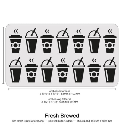 Fresh Brewed - Sidekick SideOrder Set ... by Tim Holtz, made by Sizzix - Thinlits Die Cutting Templates and Texture Fades Embossing Folder for use in mixed media, planners, journaling, cardmaking, scrapbooking and papercrafts (no.666862). Set includes 11 (eleven) dies, 1 embossing folder. Add these wonderful and versatile designs of coffee and tea cups in takeaway and home brewed variety along with the 3D folder of cups with domes and lids plus steam to emboss. The folder.