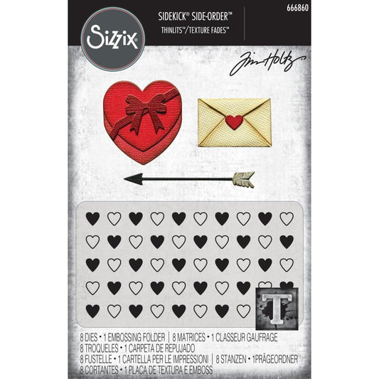 Love Notes - Sidekick SideOrder Set ... by Tim Holtz, made by Sizzix - Thinlits Die Cutting Templates and Texture Fades Embossing Folder for use in mixed media, planners, journaling, cardmaking, scrapbooking and papercrafts (no.666860). Set includes 8 (eight) dies, 1 embossing folder. Image is of the packaging.