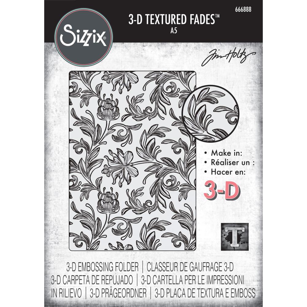 Botanical - Large, A5 (6in x 8.5in) ... 3D Texture Fades Embossing Folder ... by Tim Holtz and Sizzix (no.666888). Create dimensional embossed texture for cards, journal pages, bookmaking, book covers, papercrafts and visual creative arts.

This A5 (6" x 8 1/2", 15cm x 21.5cm) large embossing folder has a beautiful stylized flower and foliage design over the whole embossing folder. 