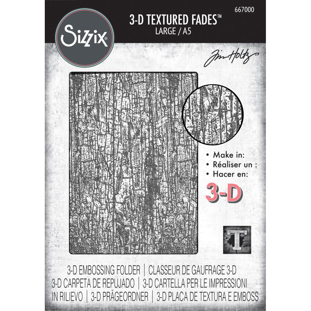 Cracked - Large, A5 (6in x 8.5in) ... 3D Texture Fades Embossing Folder ... by Tim Holtz and Sizzix (no.667000). Create dimensional embossed texture for cards, journal pages, bookmaking, book covers, papercrafts and visual creative arts.

This A5 (6" x 8 1/2", 15cm x 21.5cm) large embossing folder has a layered, dimensional realistic crackling crazing pattern all over the embossing folder. This wonderful design will inspire you to create