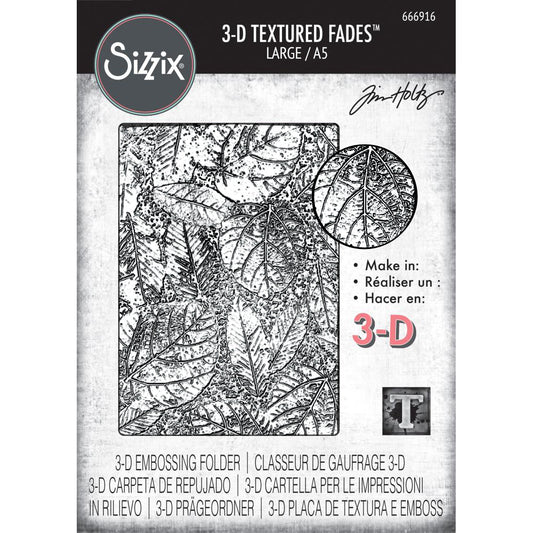 Foliage - Large, A5 (6in x 8.5in) ... 3D Texture Fades Embossing Folder ... by Tim Holtz and Sizzix (no.666916). Create dimensional embossed texture for cards, journal pages, bookmaking, book covers, papercrafts and visual creative arts.

This A5 (6" x 8 1/2", 15cm x 21.5cm) large embossing folder has a layered, dimensional realistic leafy forest floor design (beautiful leaves in different sizes and species), all over the embossing folder. This gorgeous design will inspire you to create.