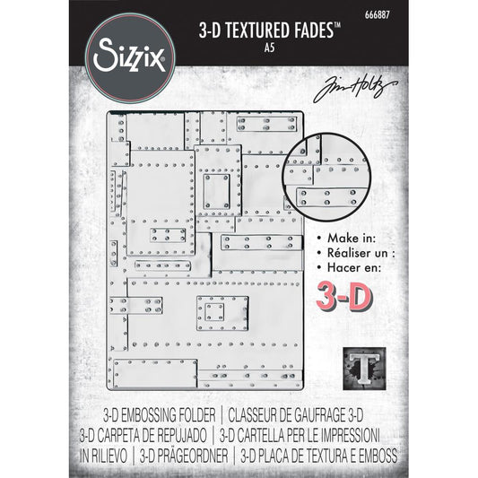 Foundry - Large, A5 (6in x 8.5in) ... 3D Texture Fades Embossing Folder ... by Tim Holtz and Sizzix (no.666887). Create dimensional embossed texture for cards, journal pages, bookmaking, book covers, papercrafts and visual creative arts.

This A5 (6" x 8 1/2", 15cm x 21.5cm) large embossing folder has a wonderful industrial design of rectangle and square metal plates (with borders of bolts) in varying sizes layered together over the whole embossing folder. 