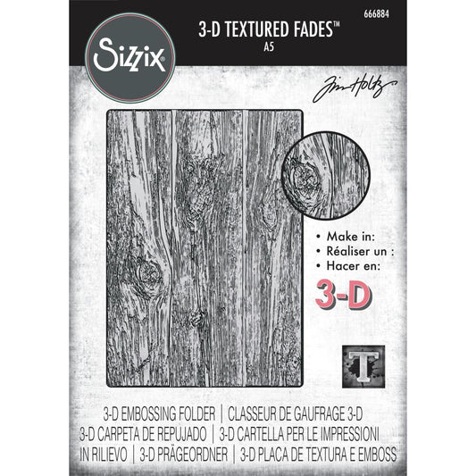 Lumber - Large, A5 (6in x 8.5in) ... 3D Texture Fades Embossing Folder ... by Tim Holtz and Sizzix (no.666884). Create dimensional embossed texture for cards, journal pages, bookmaking, book covers, papercrafts and visual creative arts.

This A5 (6" x 8 1/2", 15cm x 21.5cm) large embossing folder has a layered, dimensional realistic timber wood panel design, with beautiful knots, pattern and grain details along the long length of the embossing folder. 