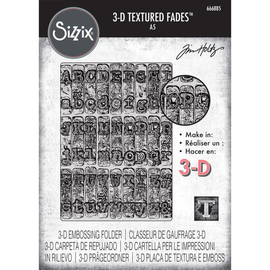 Typewriter - Large, A5 (6in x 8.5in) ... 3D Texture Fades Embossing Folder ... by Tim Holtz and Sizzix (no.666885). Create dimensional embossed texture for cards, journal pages, bookmaking, book covers, papercrafts and visual creative arts.

This A5 (6" x 8 1/2", 15cm x 21.5cm) large embossing folder has the alphabet in upper and lower case, designed to look like the lettering from an old fashioned typewriter, all similar sized font, set out in rows over the whole embossing folder. 