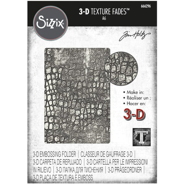 Reptile - 3D Texture Fades Embossing Folder ... by Tim Holtz and Sizzix (no.666296).  Inspired by nature, this easy to use dimensional embossing folder creates a beautiful realistic goanna, crocodile, alligator (and other reptiles, lizards) pattern over the whole surface of the folder, created with different heights to give fabulous layered effects. Another amazing design from Tim, perfect for cards, journal pages, bookmaking, book covers, papercrafts and visual arts.