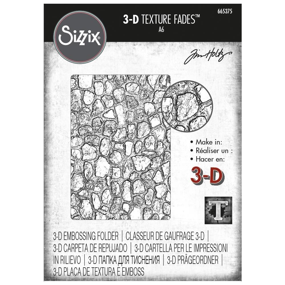 Cobblestones - 3D Texture Fades Embossing Folder ... by Tim Holtz and Sizzix (no.665375). Another amazing design from Tim, perfect for cards, journal pages, bookmaking, book covers, papercrafts and visual arts. 
This A6 sized embossing folder with a layered, dimensional Cobblestone pattern, is a natural looking footpath or roadway pattern featuring flat stone shapes, pebbles, stones and grit covering the whole surface of the embossing folder. 