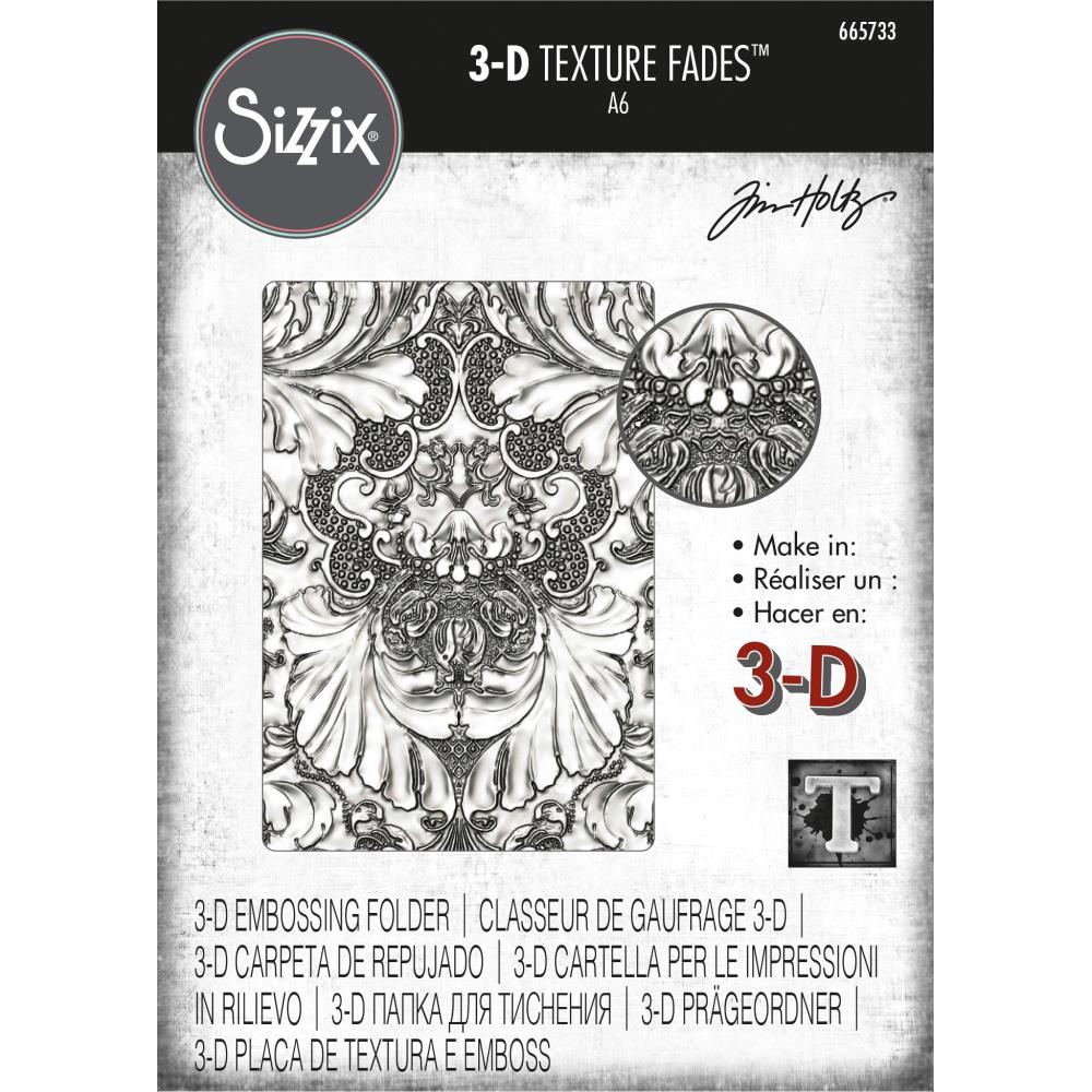 Damask - 3D Texture Fades Embossing Folder ... by Tim Holtz and Sizzix (no.665733). Another amazing design from Tim, perfect for cards, journal pages, bookmaking, book covers, papercrafts and visual arts. This A6 sized embossing folder with a layered, dimensional Damask pattern, is a beautiful intricate design featuring detailed foliage, seeds and scrollwork covering the whole surface of the embossing folder.