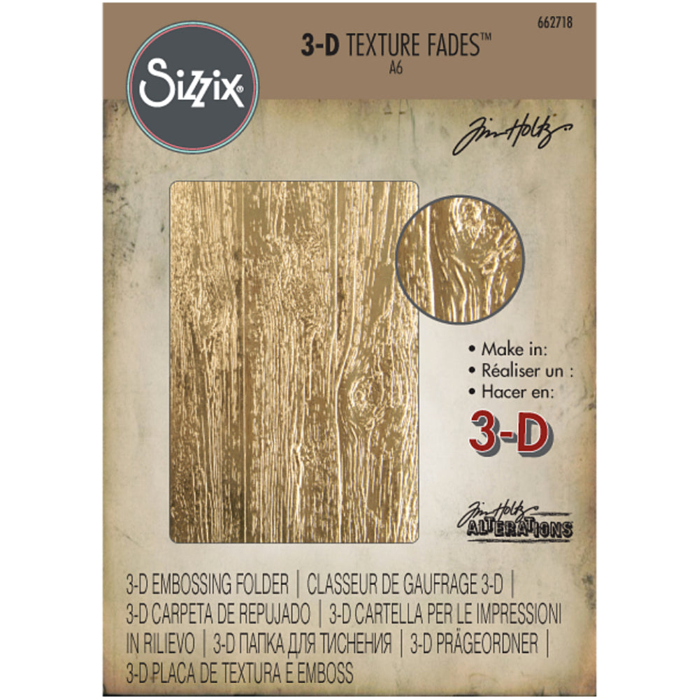 Lumber - 3D Texture Fades Embossing Folder ... by Tim Holtz and Sizzix (no.662718). Another amazing design from Tim, perfect for cards, journal pages, bookmaking, book covers, papercrafts and visual arts.

This A6 sized embossing folder with a layered, dimensional realistic timber wood panel design, with beautiful knots, pattern and grain details along the long length of the embossing folder. 