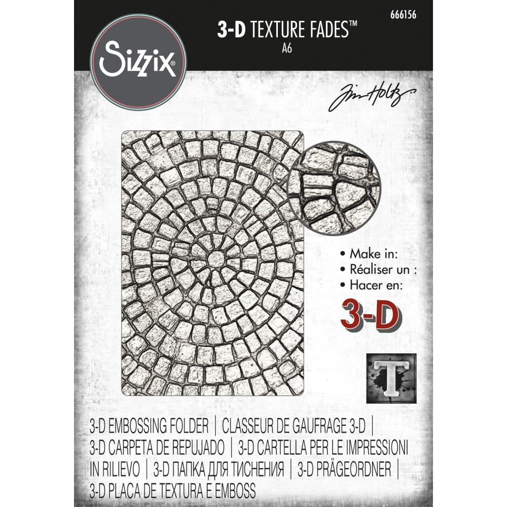 Mosaic - 3D Texture Fades Embossing Folder ... by Tim Holtz and Sizzix (no.666156). Another amazing design from Tim, perfect for cards, journal pages, bookmaking, book covers, papercrafts and visual arts.

This A6 sized embossing folder with a layered, dimensional tiled pattern, starting at the centre with circular rows of tiny organic shaped stones (rectangle, triangle, polygon) pebbles covering the whole surface of the embossing folder. 