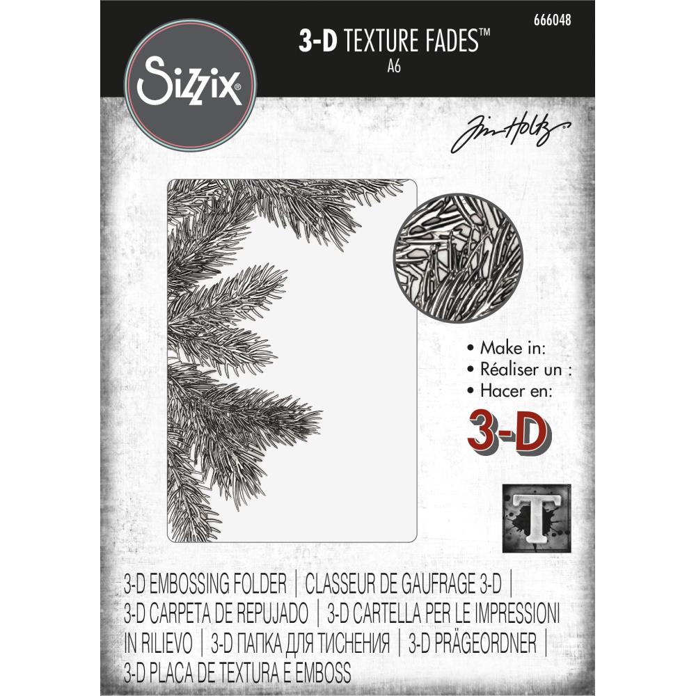 Pine Branches - 3D Texture Fades Embossing Folder ... by Tim Holtz and Sizzix (no.666048). Another amazing design from Tim, perfect for cards, journal pages, bookmaking, book covers, papercrafts and visual arts.

This A6 sized embossing folder with a layered, dimensional realistic pine tree tips (fronds, foliage, leaves, branch) growing in from the right hand side of the embossing folder. This versatile design will inspire you to create cards, tags, pockets for pages, layers of wonderful texture.