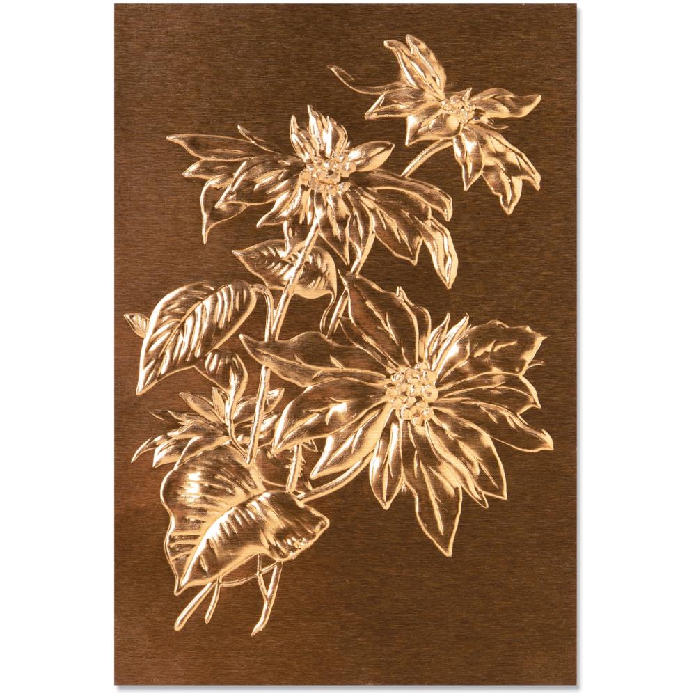 overview of Poinsettia - 3D Texture Fades Embossing Folder ... by Tim Holtz and Sizzix (no.664247). Another amazing design from Tim, perfect for cards, journal pages, bookmaking, book covers, papercrafts and visual arts.

This A6 sized embossing folder with a layered, dimensional illustration of beautiful Poinsettia (flower, foliage, branch, leaves) growing from the base towards to top of the embossing folder.  Perfect for Christmas and other occasions as it grows all year round!