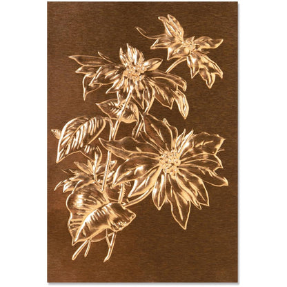 overview of Poinsettia - 3D Texture Fades Embossing Folder ... by Tim Holtz and Sizzix (no.664247). Another amazing design from Tim, perfect for cards, journal pages, bookmaking, book covers, papercrafts and visual arts.

This A6 sized embossing folder with a layered, dimensional illustration of beautiful Poinsettia (flower, foliage, branch, leaves) growing from the base towards to top of the embossing folder.  Perfect for Christmas and other occasions as it grows all year round!