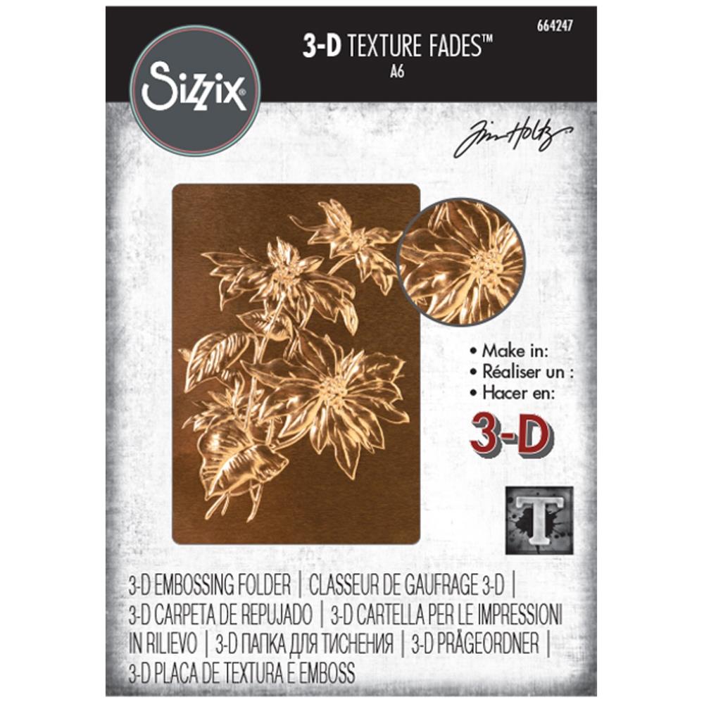 Poinsettia - 3D Texture Fades Embossing Folder ... by Tim Holtz and Sizzix (no.664247). Another amazing design from Tim, perfect for cards, journal pages, bookmaking, book covers, papercrafts and visual arts.

This A6 sized embossing folder with a layered, dimensional illustration of beautiful Poinsettia (flower, foliage, branch, leaves) growing from the base towards to top of the embossing folder.  Perfect for Christmas and other occasions as it grows all year round!