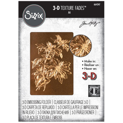 Poinsettia - 3D Texture Fades Embossing Folder ... by Tim Holtz and Sizzix (no.664247). Another amazing design from Tim, perfect for cards, journal pages, bookmaking, book covers, papercrafts and visual arts.

This A6 sized embossing folder with a layered, dimensional illustration of beautiful Poinsettia (flower, foliage, branch, leaves) growing from the base towards to top of the embossing folder.  Perfect for Christmas and other occasions as it grows all year round!