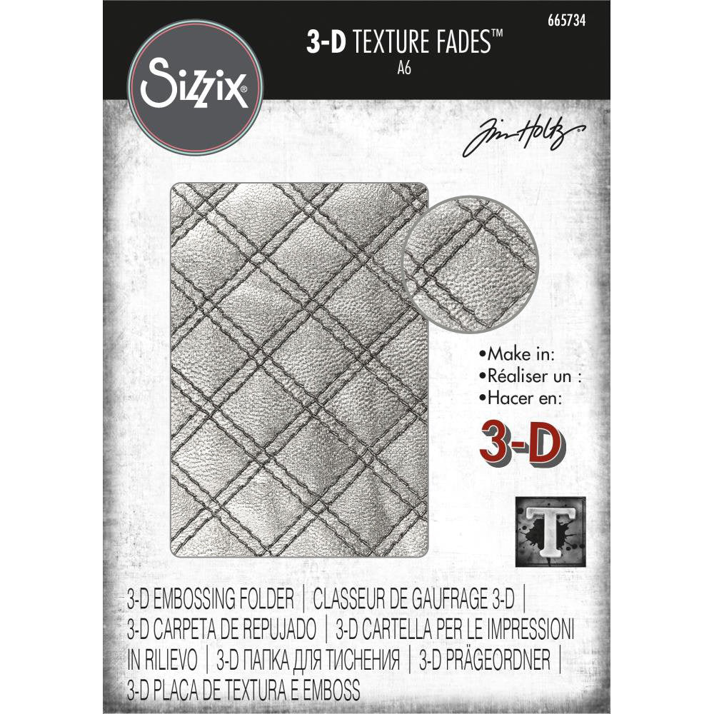 Quilted - 3D Texture Fades Embossing Folder ... by Tim Holtz and Sizzix (no.665734). Another amazing design from Tim, perfect for cards, journal pages, bookmaking, book covers, papercrafts and visual arts.

This A6 sized embossing folder with a layered, dimensional pattern of a beautifully quilted background, complete with double-rows of straight machine stitching making diamond shapes, covering the whole surface of the embossing folder. 