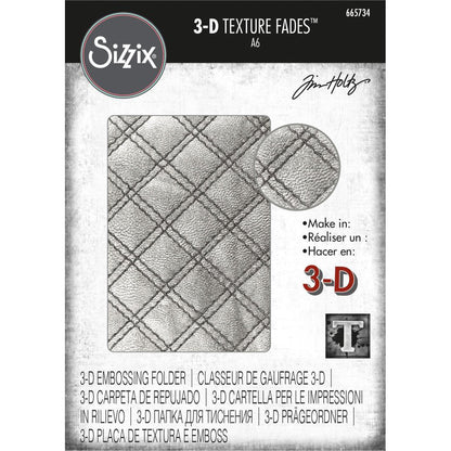 Quilted - 3D Texture Fades Embossing Folder ... by Tim Holtz and Sizzix (no.665734). Another amazing design from Tim, perfect for cards, journal pages, bookmaking, book covers, papercrafts and visual arts.

This A6 sized embossing folder with a layered, dimensional pattern of a beautifully quilted background, complete with double-rows of straight machine stitching making diamond shapes, covering the whole surface of the embossing folder. 