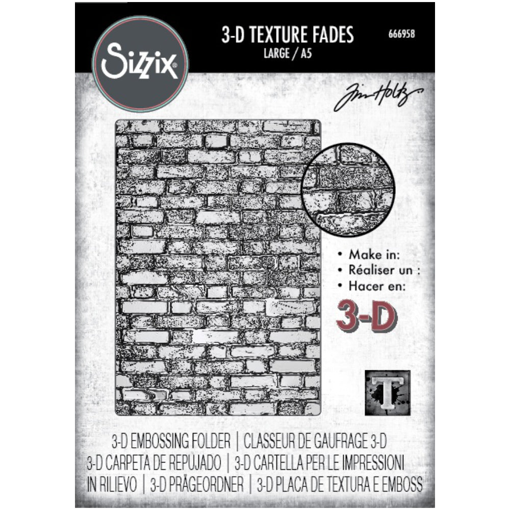 Brickwork - Large, A5 (6in x 8.5in) ... 3D Texture Fades Embossing Folder ... by Tim Holtz and Sizzix (no.666958). Create dimensional embossed texture for cards, journal pages, bookmaking, book covers, papercrafts and visual creative arts. This A5 (6" x 8 1/2", 15cm x 21.5cm) large embossing folder has a background of organic realistic bricks, layered together like a real brick wall, alternating bricks over the joins to make it stronger. A larger embossed area to create with as well as a larger design!