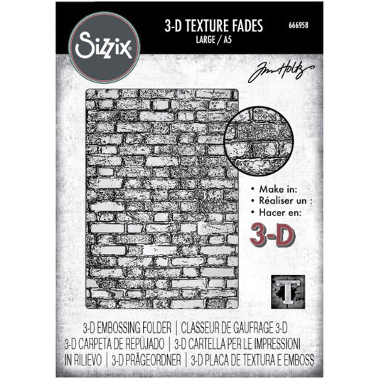Brickwork - Large, A5 (6in x 8.5in) ... 3D Texture Fades Embossing Folder ... by Tim Holtz and Sizzix (no.666958). Create dimensional embossed texture for cards, journal pages, bookmaking, book covers, papercrafts and visual creative arts. This A5 (6" x 8 1/2", 15cm x 21.5cm) large embossing folder has a background of organic realistic bricks, layered together like a real brick wall, alternating bricks over the joins to make it stronger. A larger embossed area to create with as well as a larger design!