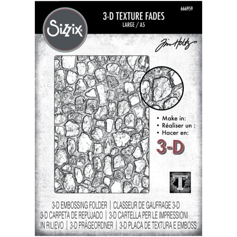 Cobblestones - Large, A5 (6in x 8.5in) ... 3D Texture Fades Embossing Folder ... by Tim Holtz and Sizzix (no.666959). Create dimensional embossed texture for cards, journal pages, bookmaking, book covers, papercrafts and visual creative arts.

This A5 (6" x 8 1/2", 15cm x 21.5cm) large embossing folder has a background of organic realistic flat stones, often seen used in paving, footpaths, garden paths, park tracks and old worlde roads.