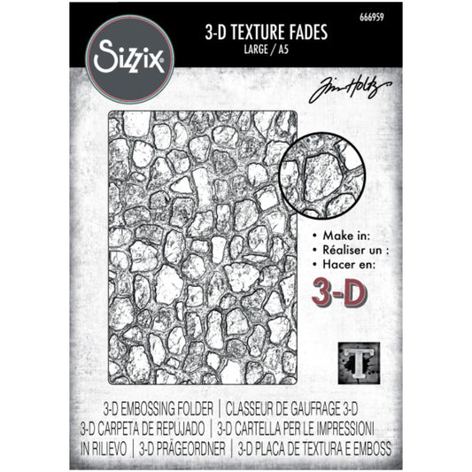 Cobblestones - Large, A5 (6in x 8.5in) ... 3D Texture Fades Embossing Folder ... by Tim Holtz and Sizzix (no.666959). Create dimensional embossed texture for cards, journal pages, bookmaking, book covers, papercrafts and visual creative arts.

This A5 (6" x 8 1/2", 15cm x 21.5cm) large embossing folder has a background of organic realistic flat stones, often seen used in paving, footpaths, garden paths, park tracks and old worlde roads.