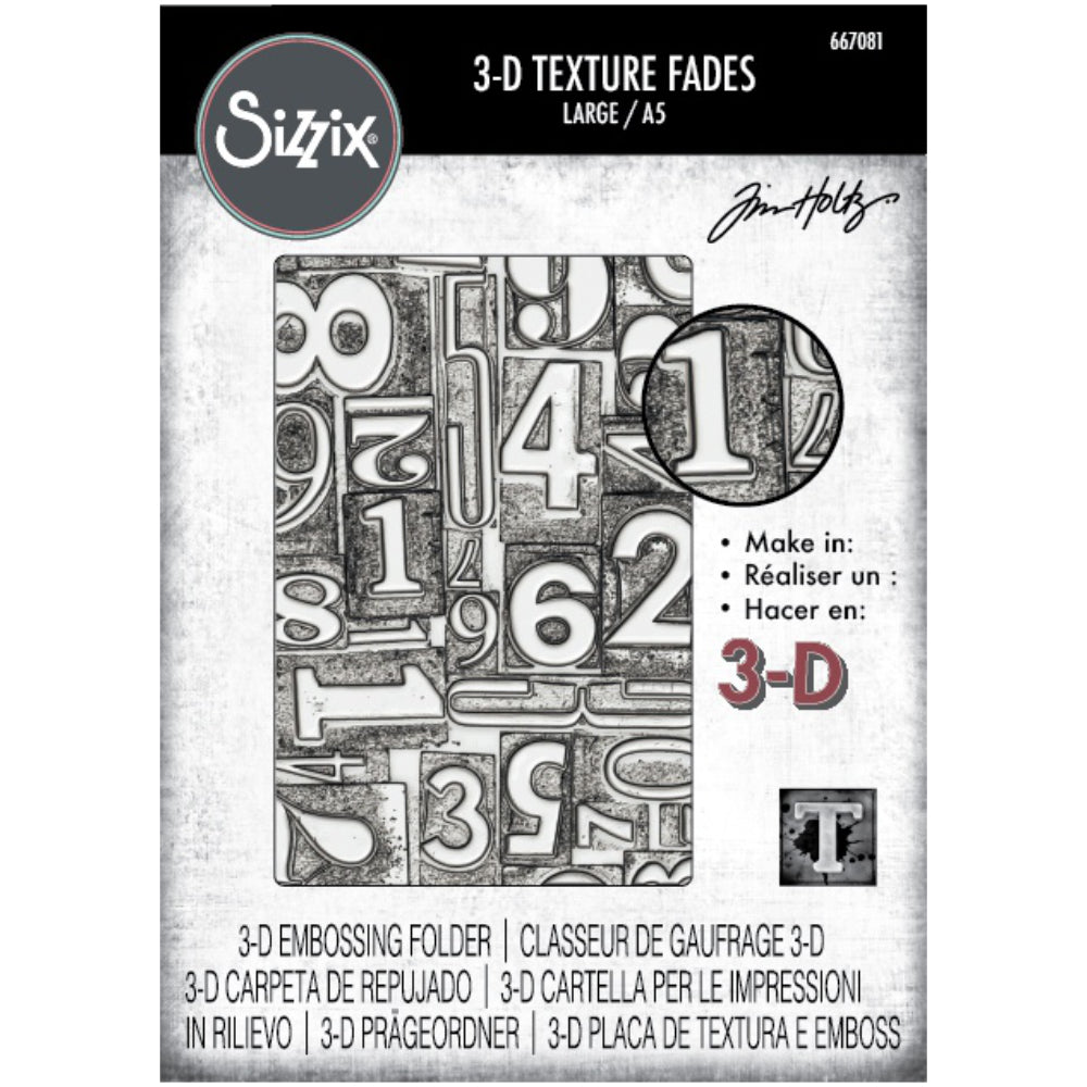 Numbered - Large, A5 (6in x 8.5in) ... 3D Texture Fades Embossing Folder ... by Tim Holtz and Sizzix (no.667081). Create dimensional embossed texture for cards, journal pages, bookmaking, book covers, papercrafts and visual creative arts. This A5 (6" x 8 1/2", 15cm x 21.5cm) large embossing folder has a background of numerals (numbers, digits 0 to 9) in variety of sizes, typestyles and in directions (up down sideways), collaged together in an interesting fun way. A larger embossed area and design to create.