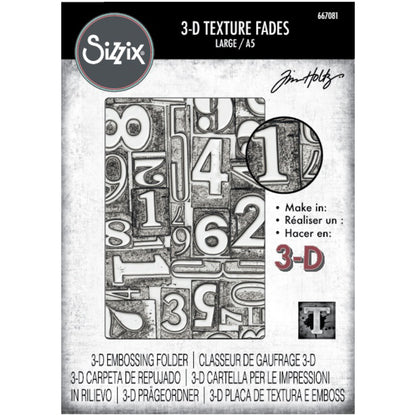 Numbered - Large, A5 (6in x 8.5in) ... 3D Texture Fades Embossing Folder ... by Tim Holtz and Sizzix (no.667081). Create dimensional embossed texture for cards, journal pages, bookmaking, book covers, papercrafts and visual creative arts. This A5 (6" x 8 1/2", 15cm x 21.5cm) large embossing folder has a background of numerals (numbers, digits 0 to 9) in variety of sizes, typestyles and in directions (up down sideways), collaged together in an interesting fun way. A larger embossed area and design to create.