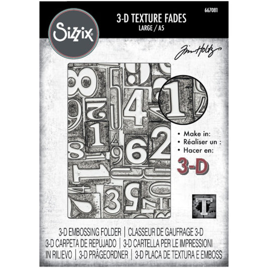 Numbered - Large, A5 (6in x 8.5in) ... 3D Texture Fades Embossing Folder ... by Tim Holtz and Sizzix (no.667081). Create dimensional embossed texture for cards, journal pages, bookmaking, book covers, papercrafts and visual creative arts. This A5 (6" x 8 1/2", 15cm x 21.5cm) large embossing folder has a background of numerals (numbers, digits 0 to 9) in variety of sizes, typestyles and in directions (up down sideways), collaged together in an interesting fun way. A larger embossed area and design to create.
