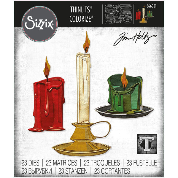 Candle Shop ... Colorize Thinlits Die Cutting Templates by Tim Holtz, made by Sizzix (no.666331). 23 (twenty three) dies to cut out dimensional looking drippy candles and candleholders. This wonderful set cuts out a host of pieces to create 3 large dripping candles with wicks and flames, plus a saucer and a vintage candle holder. The drippy look is made with various layers of different toned papers - use white and stain with ink or use precoloured cardstock in printed, plains, textured and or metallic.