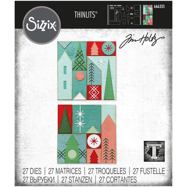 Holiday Blocks ... Thinlits Die Cutting Templates by Tim Holtz, made by Sizzix (no.666335). 27 (twenty seven) dies in a variety of squares, triangles, rectangles, sparkles, stars, trees, patterns and other shapes to create modern style of abstract art for Christmas. 