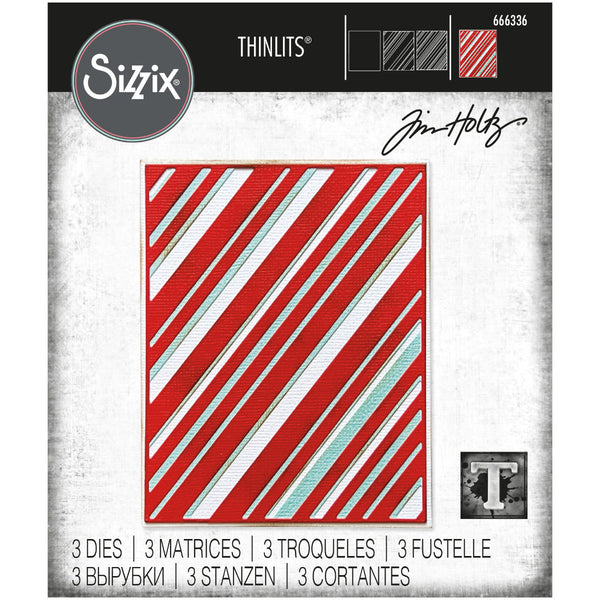 Layered (Diagonal) Stripes ... Thinlits Die Cutting Templates by Tim Holtz, made by Sizzix (no.666336). 3 (three) templates to create multi layered backgrounds of lines and stripes in various thicknesses, each at the same angle. 