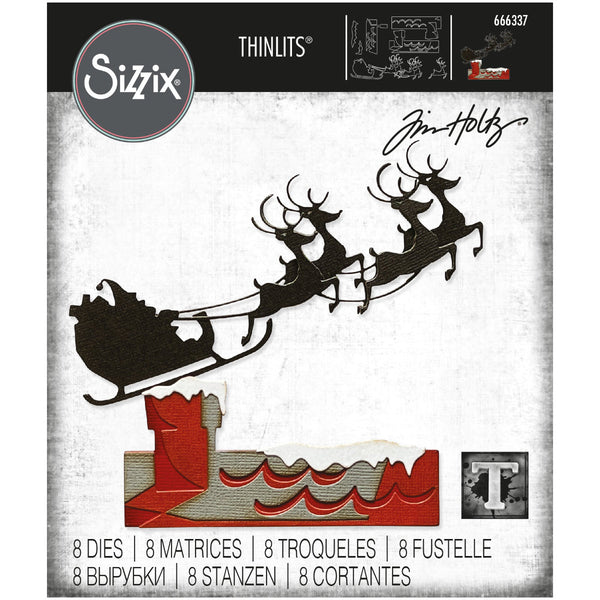 Reindeer Sleigh ... Thinlits Die Cutting Templates by Tim Holtz, made by Sizzix (no.666337). 8 (eight) designs to cut out rooftops with a chinmey, Father Christmas in a sleigh pulled by reindeer, snowdrifts for the roof and extra reindeer so we can have all 8 if we so wish :) 