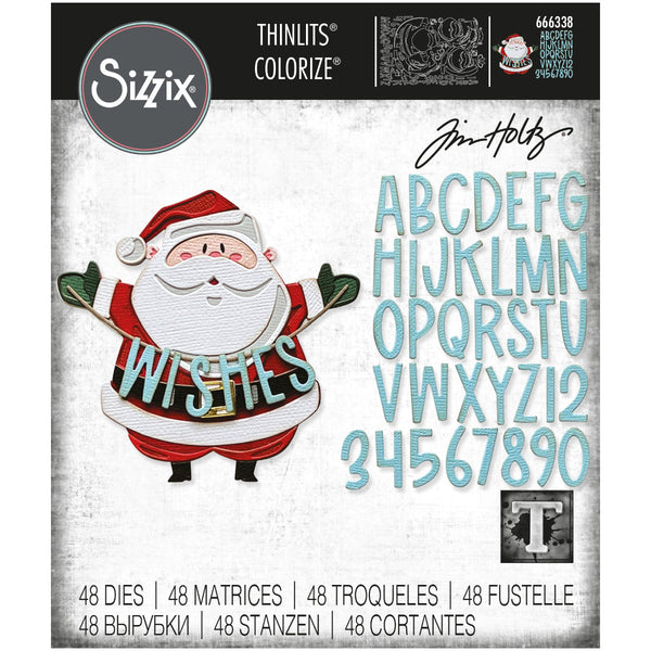 Santa Greetings ... Colorize Thinlits Die Cutting Templates by Tim Holtz, made by Sizzix (no.666338). 48 (forty eight) dies to cut out a joyful Santa Claus with arms outstretched holding a wire (or ribbon, string, tinsel) strung with a message. Make the message say whatever you wish using the included alphabet (uppercase, a modern condensed block style). 