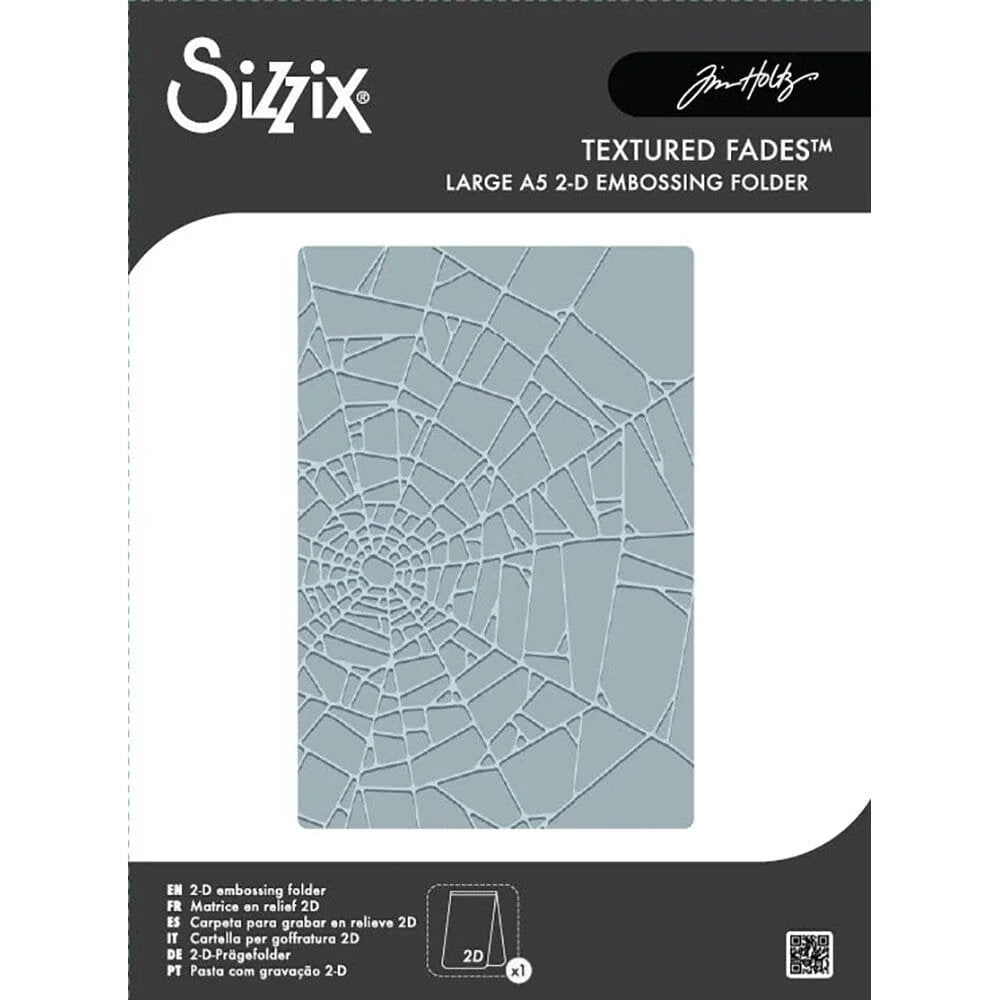 Cobweb - Large, A5 (6in x 8.5in) ... Texture Fades Embossing Folder ... by Tim Holtz and Sizzix (no.667247).  This fantastic design has many fine lines spiralling out from the centre left of the design into the shape of a spider web, complete with joins and corners. Designed to inspire creativity and making people smile!